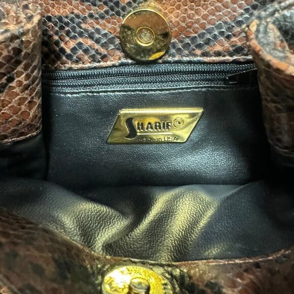 Vintage 90s Sharif Brown and Black Faux Python Snakeskin Bucket Crossbody Bag - Picture 3 of 3